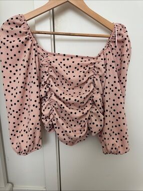 Francesca's Collections Pink Polka Dot Ruched Blouse
